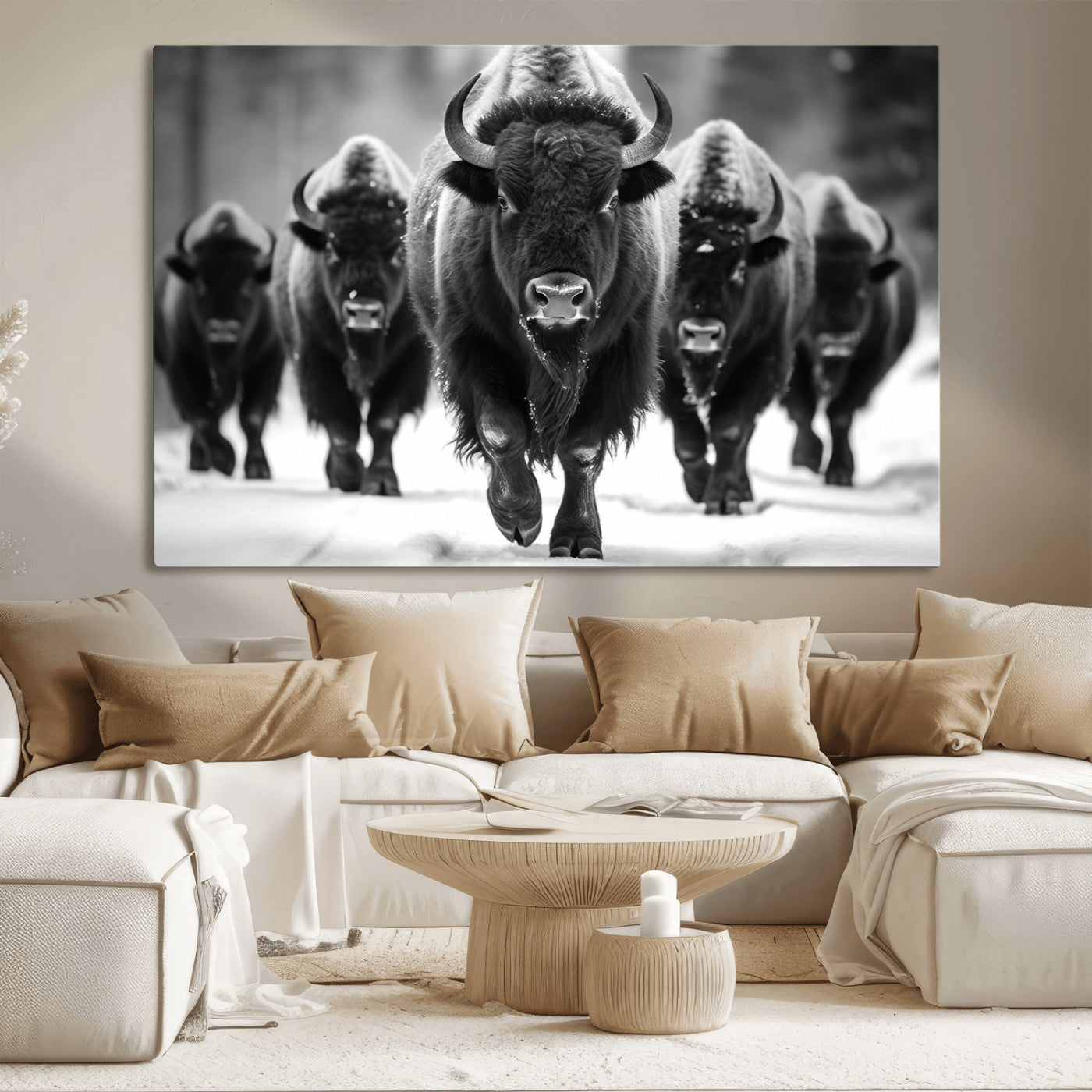 79872-MGV-CV-36X24-Bison Herd Wall Art – Black and White Buffalo on Snow Canvas Print, Rustic Wildlife Decor for Lodge, Cabin, or Living Room