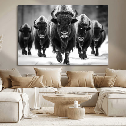 79872-MGV-CV-36X24-Bison Herd Wall Art – Black and White Buffalo on Snow Canvas Print, Rustic Wildlife Decor for Lodge, Cabin, or Living Room