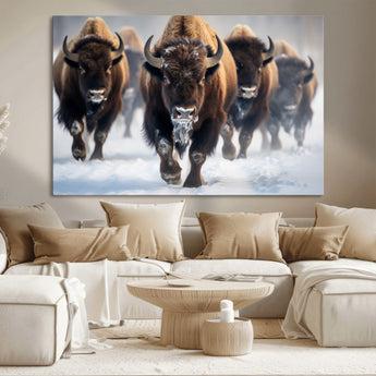 80512-MGV-CV-36X24-Bison Herd Wall Art – Buffalo Running in Snow Canvas Print, Rustic Wildlife Photography Decor for Cabin, Lodge, or Living Room