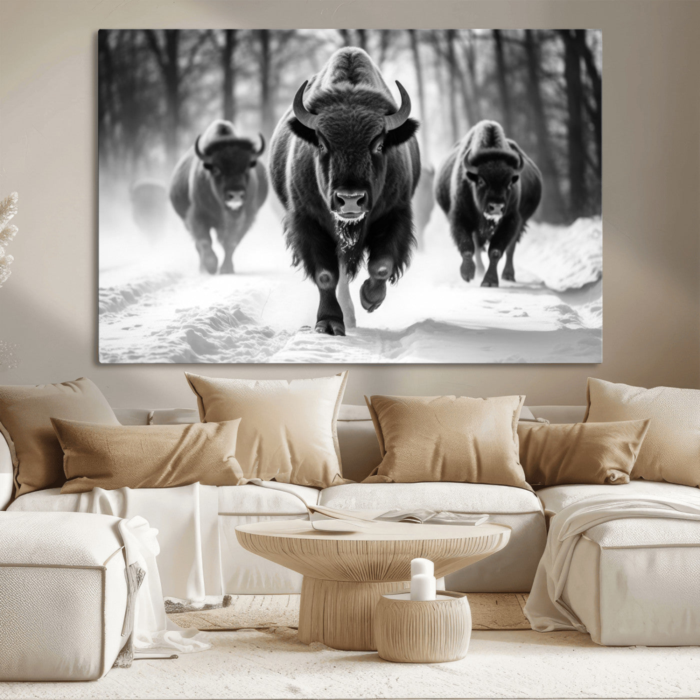 97552-MGV-CV-36X24-Black and White Bison Wall Art – Buffalo Herd Running in Snow Canvas Print, Rustic Wildlife Photography Decor for Cabin, Lodge, or