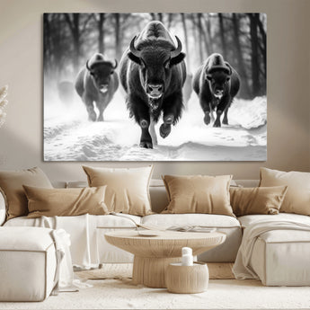 97552-MGV-CV-36X24-Black and White Bison Wall Art – Buffalo Herd Running in Snow Canvas Print, Rustic Wildlife Photography Decor for Cabin, Lodge, or