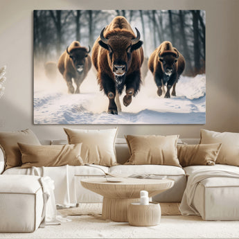 56549-MGV-CV-36X24-Wild Bison Wall Art – Majestic Buffalo Herd Running in Snow Canvas Print, Rustic Wildlife Photography Decor for Cabin, Lodge, or