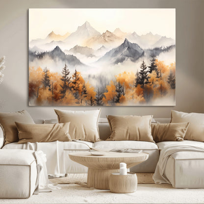 70049-MGV-CV-36X24-Autumn Mountain Forest Wall Art – Misty Landscape Canvas Print, Rustic Nature Inspired Decor for Living Room, Bedroom or Office