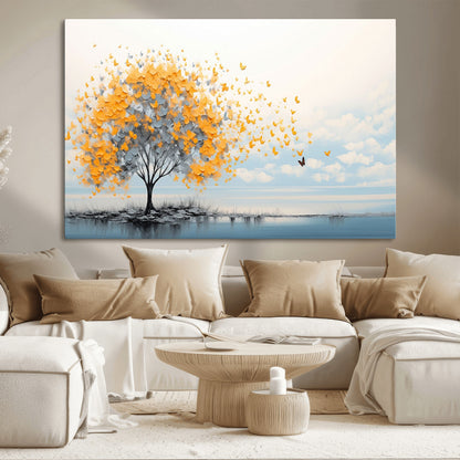 23385-MGV-CV-36X24-Golden Butterfly Tree Wall Art – Abstract Yellow and Gray Canvas Print, Modern Nature Artwork for Living Room, Bedroom or Office