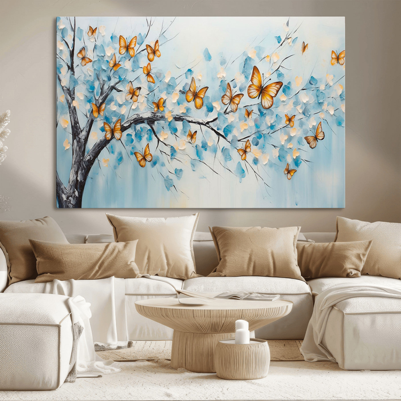 59455-MGV-CV-36X24-Butterfly Tree Branch Wall Art – Blue and Yellow Abstract Canvas Print, Modern Nature Artwork for Living Room, Bedroom or Office