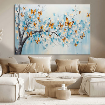 59455-MGV-CV-36X24-Butterfly Tree Branch Wall Art – Blue and Yellow Abstract Canvas Print, Modern Nature Artwork for Living Room, Bedroom or Office