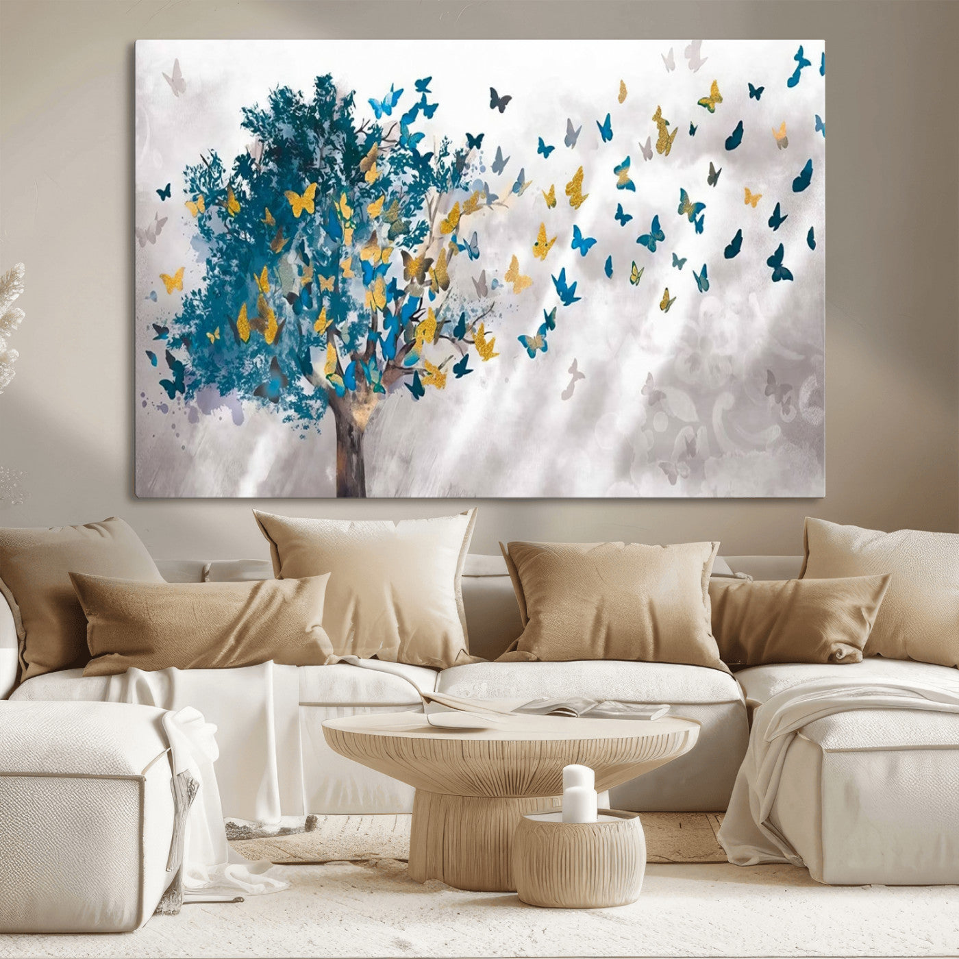 37564-MGV-CV-36X24-Butterfly Tree Wall Art – Modern Nature Canvas Print with Blue and Golden Butterflies, Elegant Decorative Painting for Living Room