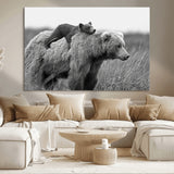 76338-MGV-CV-36X24-Mother Bear and Cub Wall Art – Black and White Wildlife Canvas Print, Rustic Nature Photography for Cabin, Living Room or Office