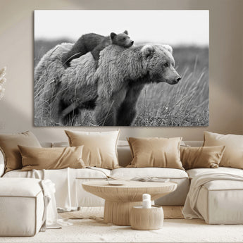 76338-MGV-CV-36X24-Mother Bear and Cub Wall Art – Black and White Wildlife Canvas Print, Rustic Nature Photography for Cabin, Living Room or Office
