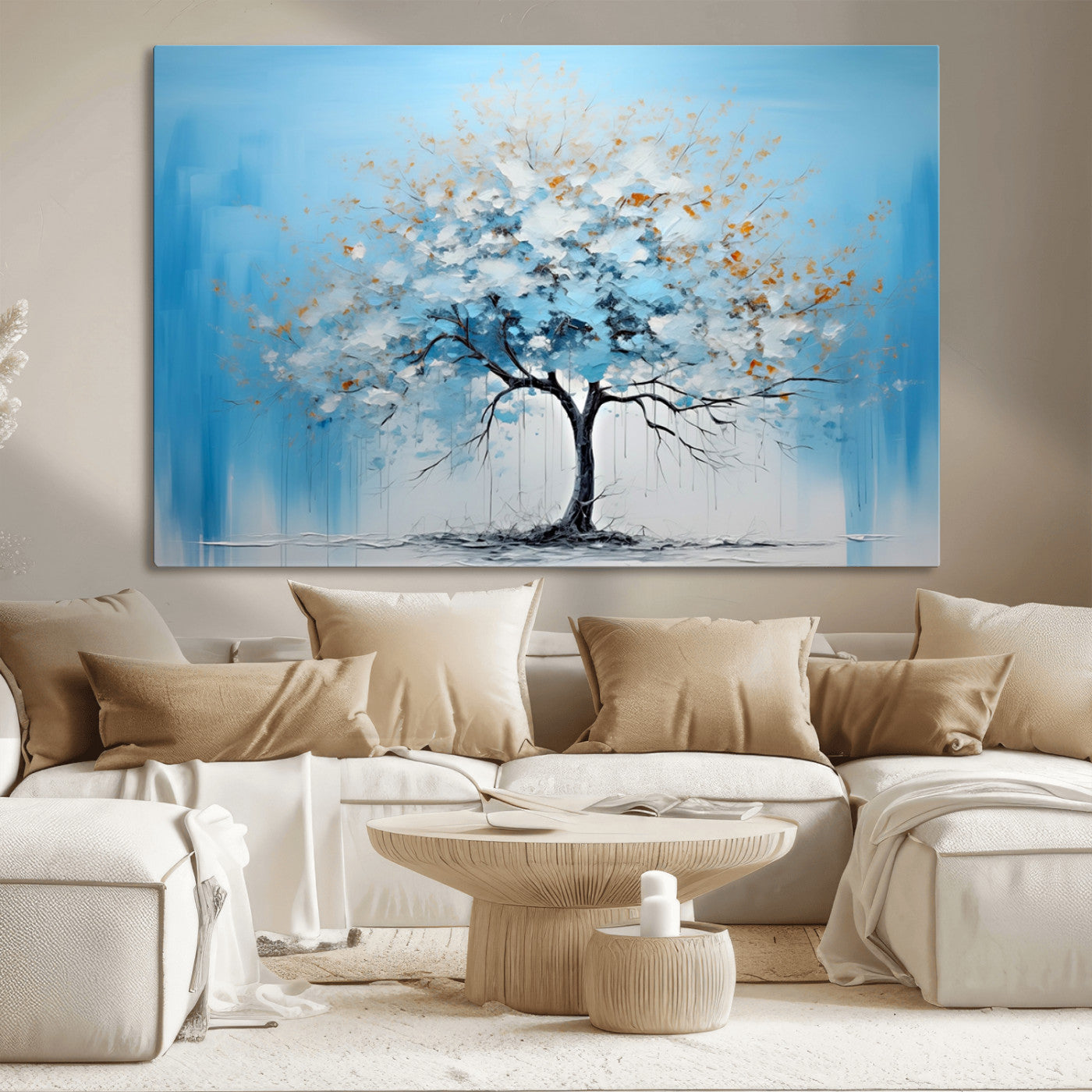 25021-MGV-CV-36X24-Abstract Tree Wall Art – Blue and White Canvas Painting with Gold Accents, Modern Nature-Inspired Artwork for Living Room, Bedroom