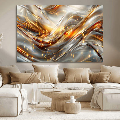 Lines1-MGV-CV-36X24-Abstract Metallic Wall Art – Silver and Gold Wave Canvas Print with Sparkling Accents, Modern Luxury Decor for Living Room, Office