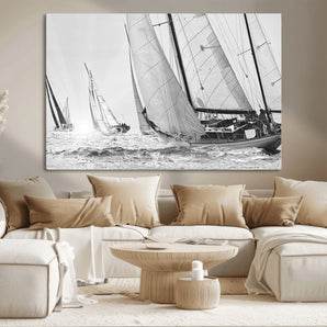 Boat-1-MGV-CV-36X24-Sailboat Racing Wall Art – Nautical Black and White Canvas Print, Ocean Adventure Decor for Office, Living Room or Bedroom
