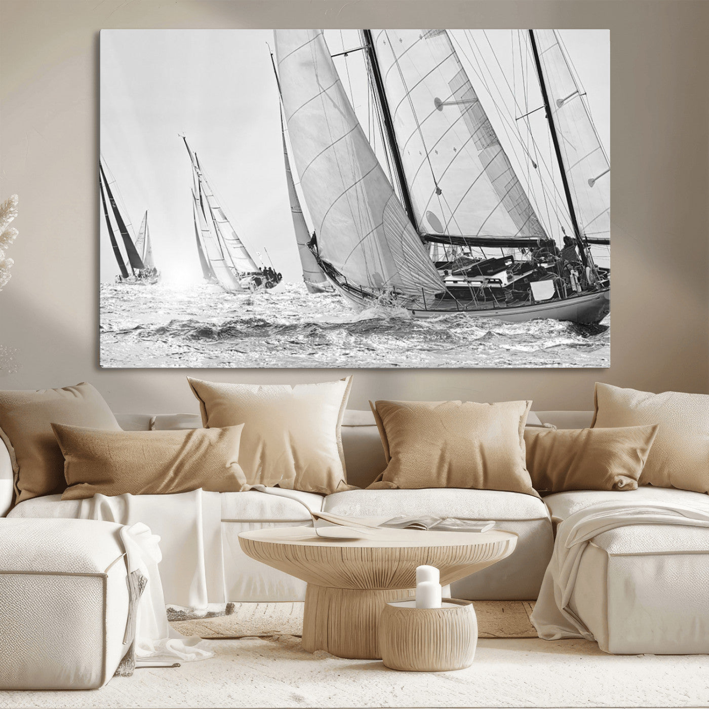 Boat-1-MGV-CV-36X24-Sailboat Racing Wall Art – Nautical Black and White Canvas Print, Ocean Adventure Decor for Office, Living Room or Bedroom