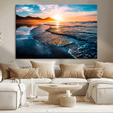 26494-MGV-CV-36X24-Ocean Sunset Wall Art – Scenic Beach Canvas Print with Waves and Mountains, Coastal Seascape Photography for Living Room, Bedroom