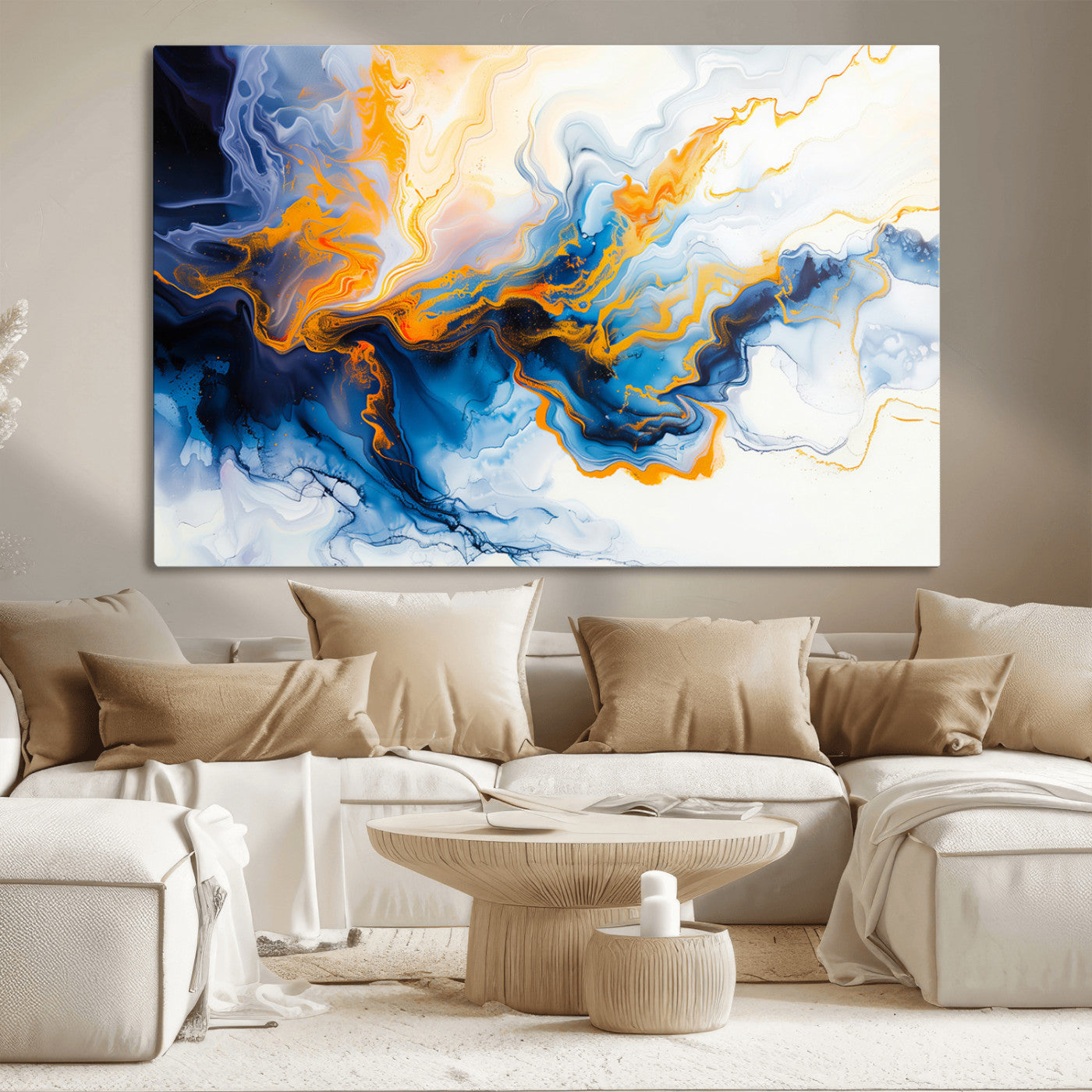 83720-MGV-CV-36X24-Abstract Fluid Wall Art – Blue, White and Gold Swirl Canvas Painting, Modern Contemporary Artwork for Living Room, Bedroom or