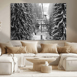19240-MGV-CV-36X24-Ski Lift Wall Art – Black and White Winter Mountain Canvas Print, Snowy Forest Ski Resort Photography for Cabin, Lodge, Office or