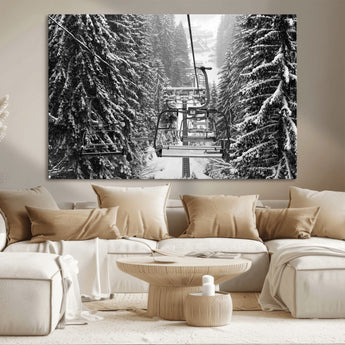 19240-MGV-CV-36X24-Ski Lift Wall Art – Black and White Winter Mountain Canvas Print, Snowy Forest Ski Resort Photography for Cabin, Lodge, Office or
