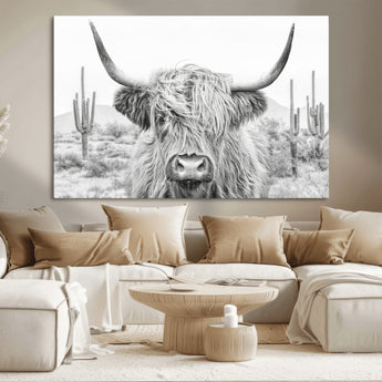 94579-MGV-CV-36X24-Highland Cow Wall Art – Black and White Longhorn Canvas Print, Rustic Western Farmhouse Animal Photography for Living Room,