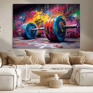 13549-MGV-CV-36X24-Graffiti Gym Wall Art Canvas Print, Framed Graffiti Barbell Art Picture Print, Weightlifting Perfect Fitness Studio Decor Artwork