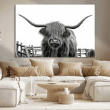 58188-MGV-CV-36X24-Highland Cow Wall Art – Black and White Rustic Farmhouse Canvas Print, Longhorn Cattle Photography Decor for Living Room or