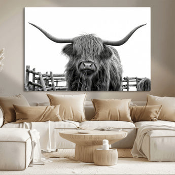 58188-MGV-CV-36X24-Highland Cow Wall Art – Black and White Rustic Farmhouse Canvas Print, Longhorn Cattle Photography Decor for Living Room or