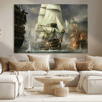 26512-MGV-CV-36X24-Naval Battle Wall Art – Dramatic Tall Ship Canvas Print, Historic Pirate Sailing War Scene, Nautical Decor for Office, Study or