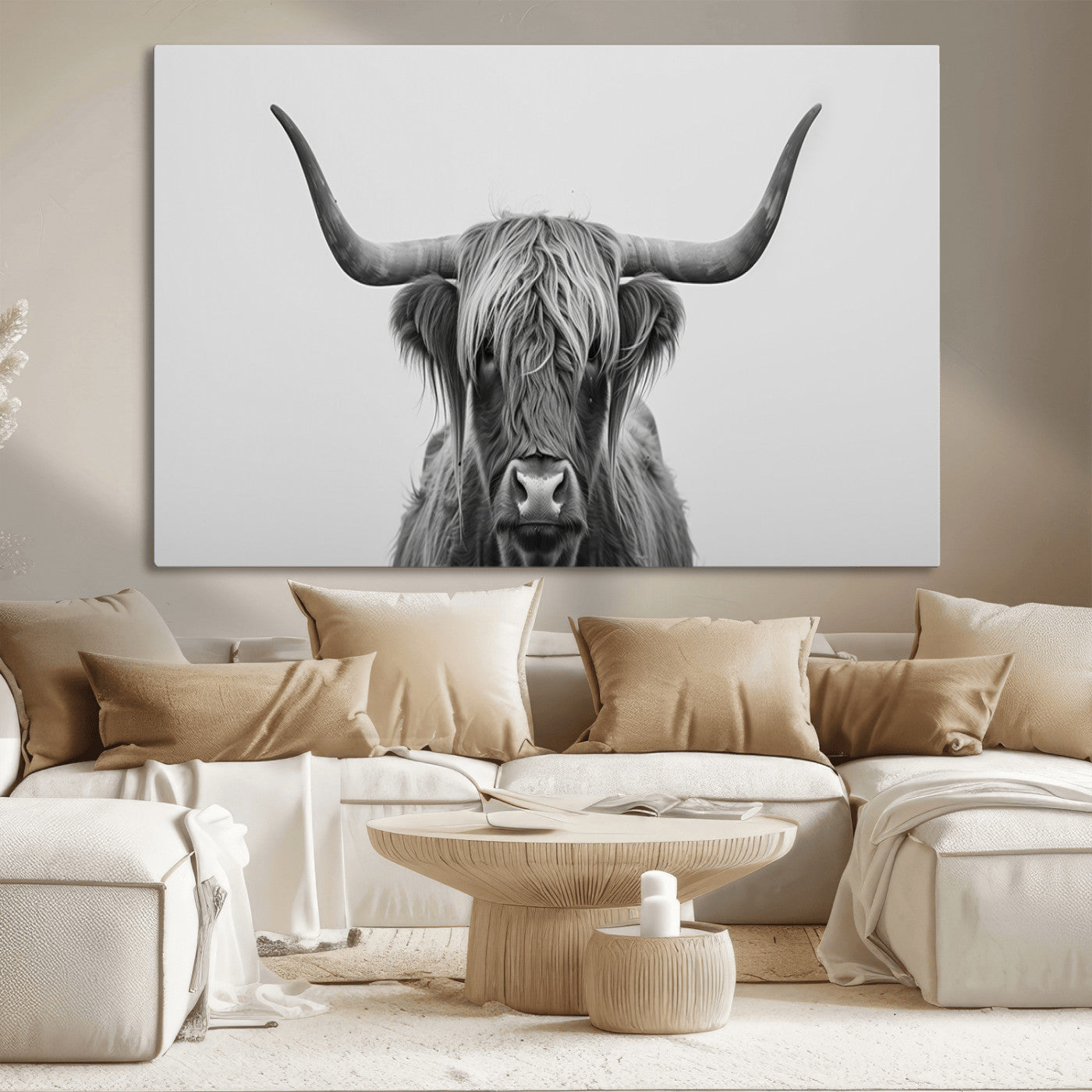 35820-MGV-CV-36X24-Minimalist Highland Cow Wall Art – Black and White Longhorn Cattle Canvas Print, Modern Farmhouse Animal Photography Decor for