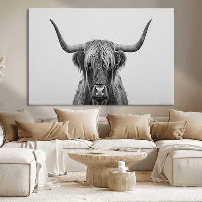 35820-MGV-CV-36X24-Minimalist Highland Cow Wall Art – Black and White Longhorn Cattle Canvas Print, Modern Farmhouse Animal Photography Decor for