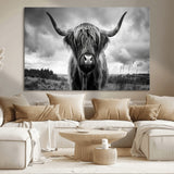 17924-MGV-CV-36X24-Highland Cow Wall Art – Black and White Rustic Longhorn Cattle Canvas Print, Farmhouse Animal Photography Decor for Country Home