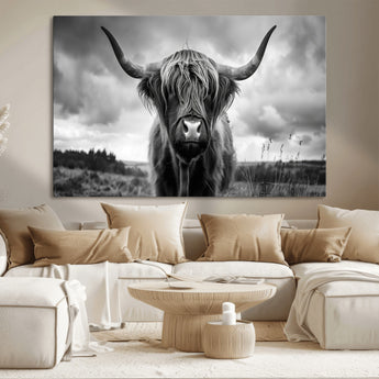 17924-MGV-CV-36X24-Highland Cow Wall Art – Black and White Rustic Longhorn Cattle Canvas Print, Farmhouse Animal Photography Decor for Country Home