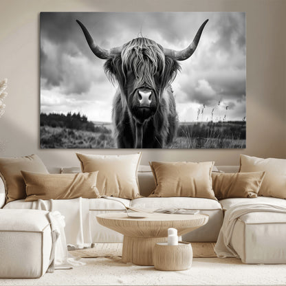 17924-MGV-CV-36X24-Highland Cow Wall Art – Black and White Rustic Longhorn Cattle Canvas Print, Farmhouse Animal Photography Decor for Country Home