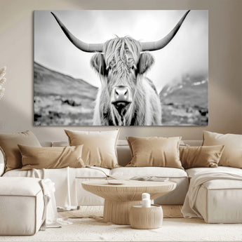 80564-MGV-CV-36X24-Highland Cow Wall Art – Black and White Scottish Highland Canvas Print, Rustic Farmhouse Decor for Living Room, Bedroom or Office