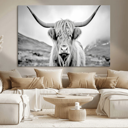 80564-MGV-CV-36X24-Highland Cow Wall Art – Black and White Scottish Highland Canvas Print, Rustic Farmhouse Decor for Living Room, Bedroom or Office