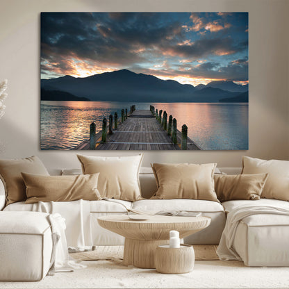 20442-MGV-CV-36X24-Lakeside Sunset Dock Wall Art – Peaceful Mountain Lake Canvas Print, Serene Nature Landscape Decor for Living Room, Bedroom or