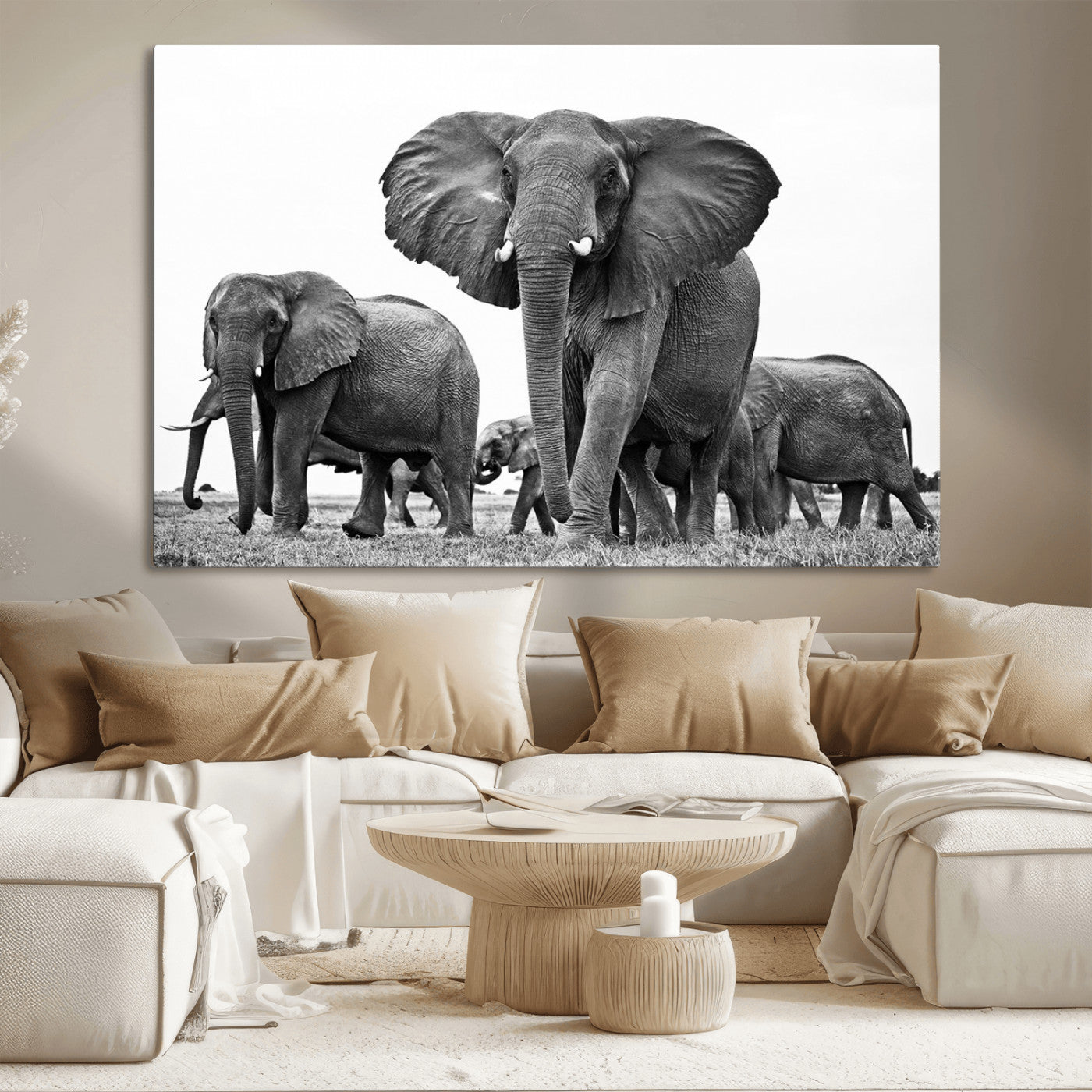 91685-MGV-CV-36X24-Elephant Herd Wall Art – Black and White Safari Canvas Print, African Wildlife Photography Decor for Living Room, Office or