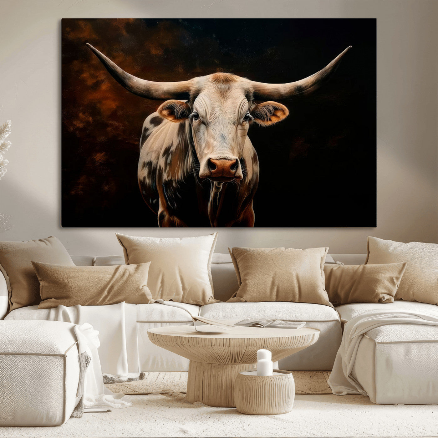 70522-MGV-CV-36X24-Longhorn Bull Wall Art – Striking Canvas Print of Majestic Bull, Premium Animal Decor for Home, Office, Man Cave, or Living Room