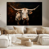 70522-MGV-CV-36X24-Longhorn Bull Wall Art – Striking Canvas Print of Majestic Bull, Premium Animal Decor for Home, Office, Man Cave, or Living Room