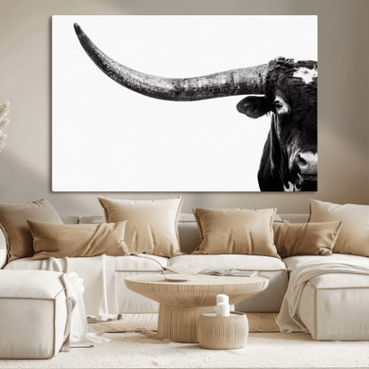31699-MGV-CV-36X24-Longhorn Wall Art – Black and White Texas Longhorn Cow Canvas Print, Rustic Western Farmhouse Artwork for Living Room, Bedroom or