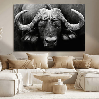 75273-MGV-CV-36X24-Buffalo Wall Art – Black and White African Buffalo Canvas Print, Rustic Wildlife Animal Artwork for Farmhouse, Living Room,