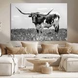 94709-MGV-CV-36X24-Texas Longhorn Wall Art – Black and White Bull Photography Canvas Print, Western Farmhouse Wall Decor for Living Room, Office or