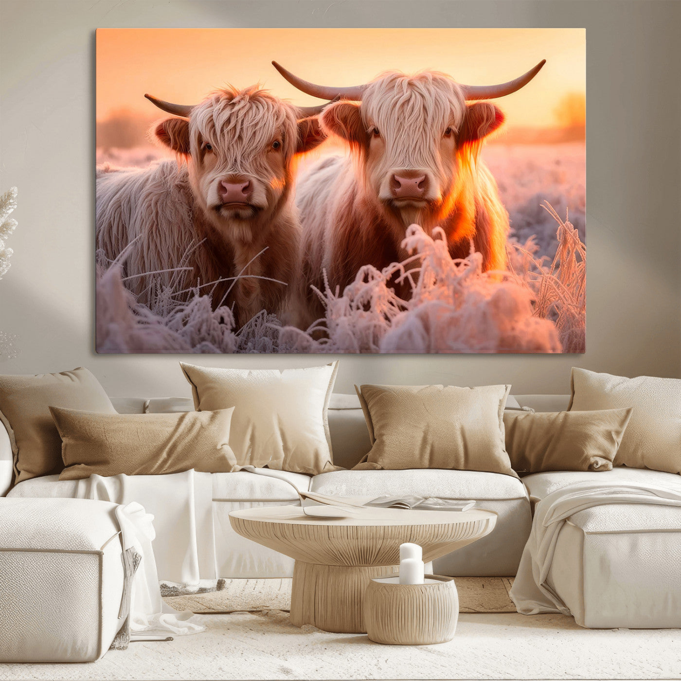 68253-MGV-CV-36X24-Highland Cow Wall Art – Rustic Farmhouse Cattle Canvas Print, Frosty Sunset Animal Artwork for Living Room, Bedroom or Country