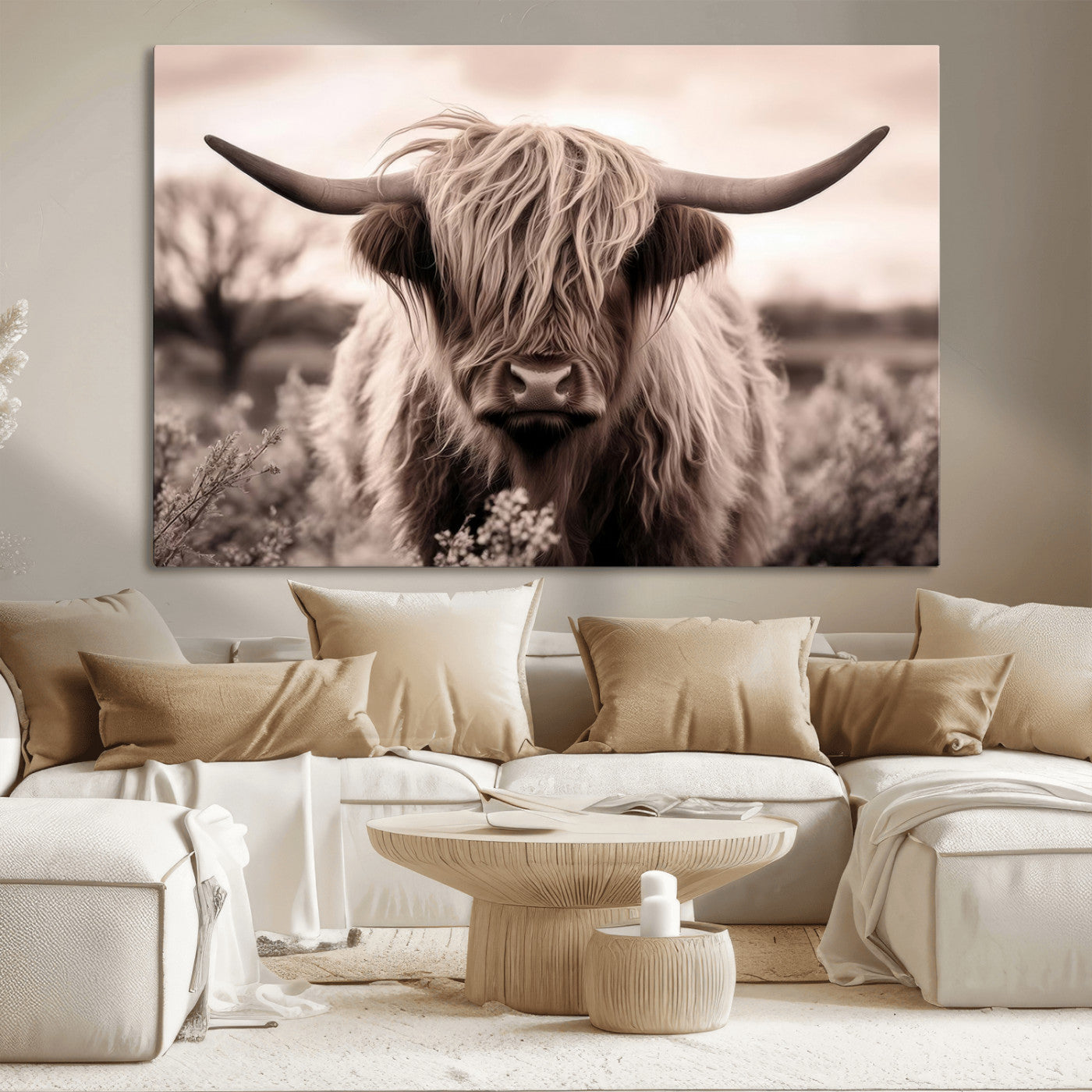 55903-MGV-CV-36X24-Highland Cow Wall Art – Rustic Sepia Scottish Highland Bull Canvas Print, Farmhouse Country Animal Decor for Living Room, Bedroom
