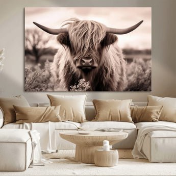 55903-MGV-CV-36X24-Highland Cow Wall Art – Rustic Sepia Scottish Highland Bull Canvas Print, Farmhouse Country Animal Decor for Living Room, Bedroom