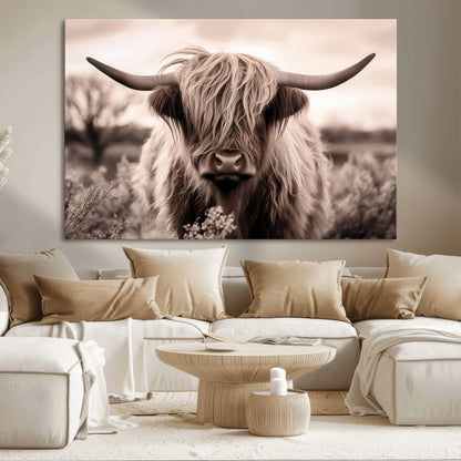 55903-MGV-CV-36X24-Highland Cow Wall Art – Rustic Sepia Scottish Highland Bull Canvas Print, Farmhouse Country Animal Decor for Living Room, Bedroom