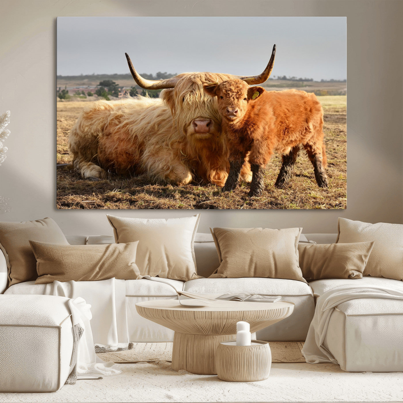 53461-MGV-CV-36X24-Highland Cow Family Wall Art – Rustic Farmhouse Animal Canvas Print, Country Decor for Living Room, Bedroom or Office, Calf and