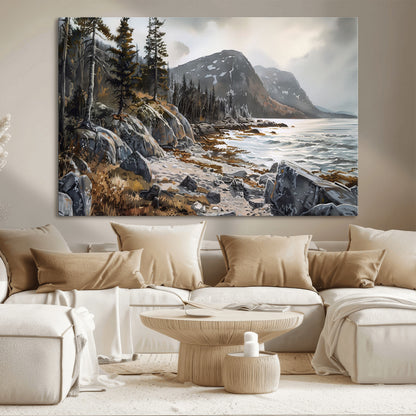 41281-MGV-CV-36X24-Rocky Shoreline Wall Art – Panoramic Mountain Coast and Forest Canvas Print, Rustic Nature Landscape Decor for Cabin, Lodge, or