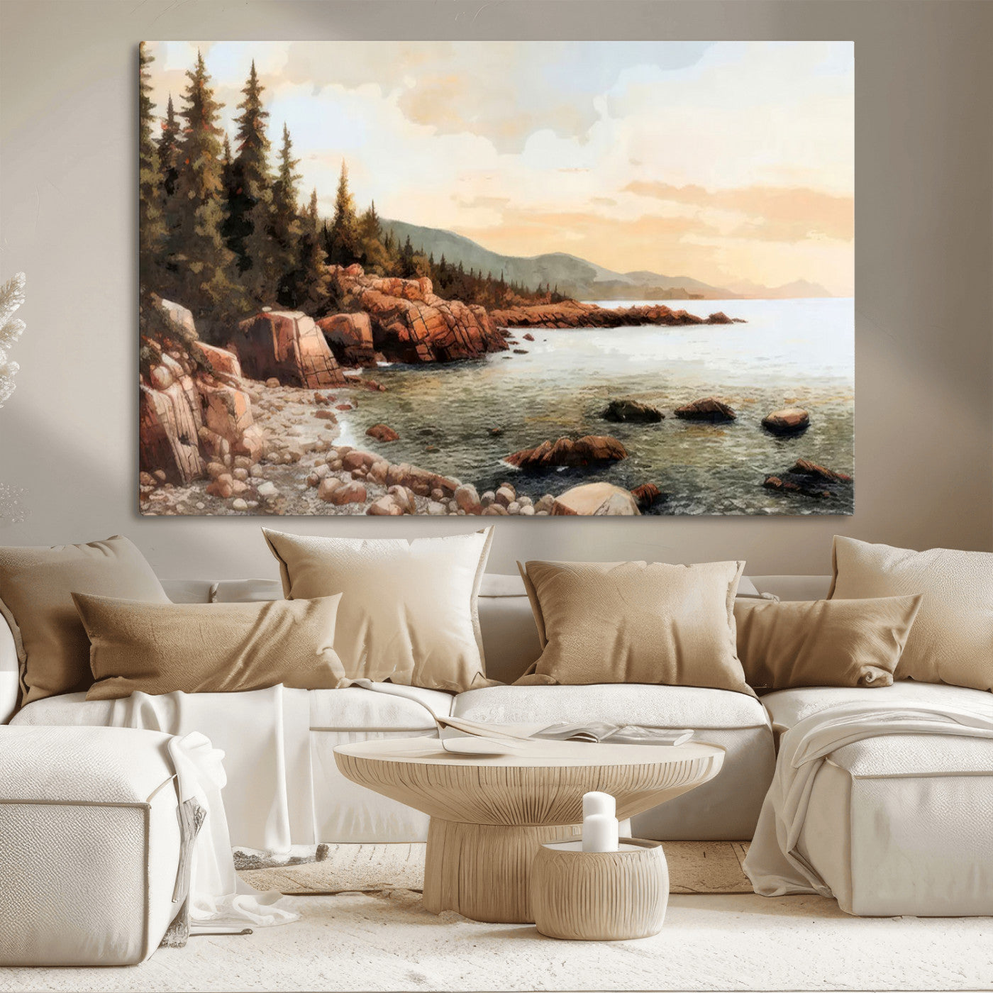 77145-MGV-CV-36X24-Coastal Landscape Wall Art – Panoramic Rocky Shoreline and Pine Trees Canvas Print, Rustic Nature Decor for Cabin, Lodge, Office,