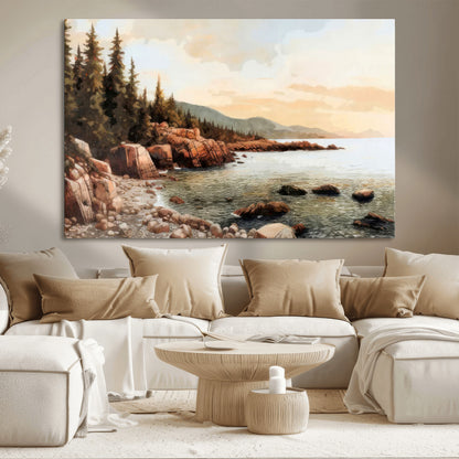 77145-MGV-CV-36X24-Coastal Landscape Wall Art – Panoramic Rocky Shoreline and Pine Trees Canvas Print, Rustic Nature Decor for Cabin, Lodge, Office,