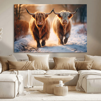 50490-MGV-CV-36X24-Highland Cow Wall Art – Rustic Panoramic Canvas Print Two Cattle Snowy Landscape, Farmhouse Country Decor for Living Room Office