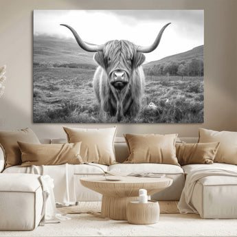 52903-MGV-CV-36X24-Highland Cow Wall Art – Black and White Canvas Print Rustic Cattle Portrait, Farmhouse Country Decor for Living Room, Office,